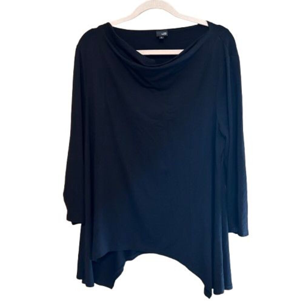 Lisa Bayne Asymmetric Cowl Neck Jersey Tunic Top Women Large Black Lagenlook Art